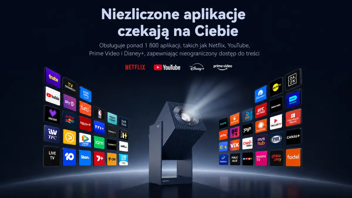 Projektor Wanbo z dostępem do wielu aplikacji streamingowych na ciemnym tle.