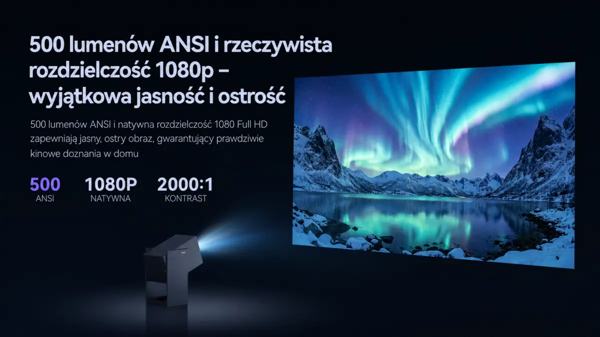 Projektor Wanbo Cube 2S wyświetlający obraz Full HD 1080p z jasnością 500 ANSI lumenów.