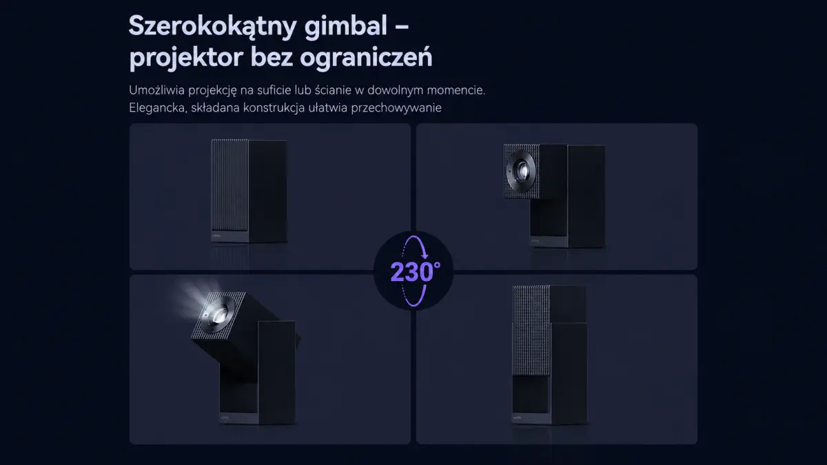 Projektor Wanbo Cube 2S z szerokokątnym gimbalem obracanym o 230 stopni.