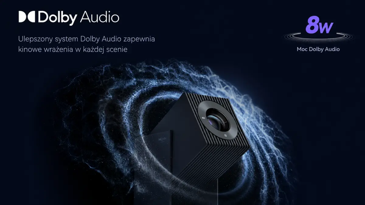 Projektor Wanbo Cube 2S z systemem Dolby Audio i efektami przestrzennego dźwięku.