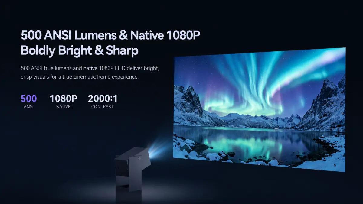 Projektor Wanbo Cube 2S zobrazující obraz Full HD 1080p s jasem 500 ANSI lumenů.