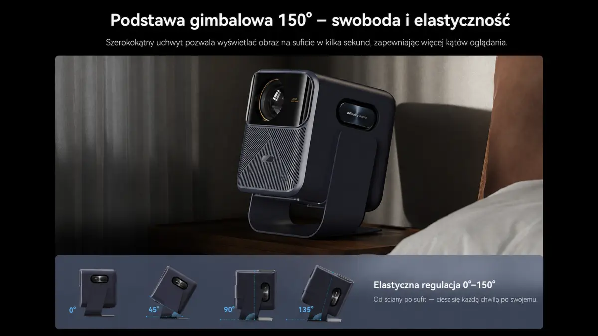 Projektor Mozart 1S na stoliku przy łóżku oraz prezentacja różnych kątów ustawienia podstawy gimbalowej.