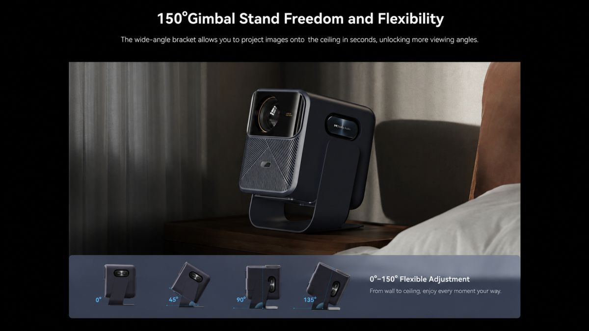 Mozart 1S projector on a bedside table and a presentation of the different angles of the gimbal base.