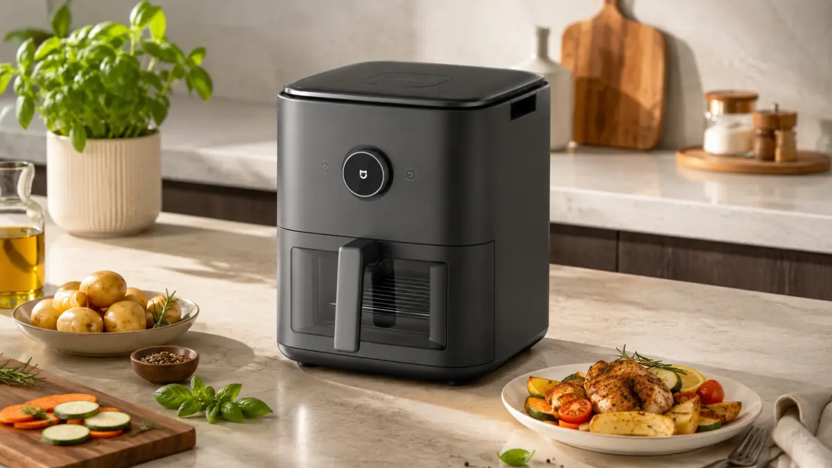 Fritadeira sem óleo preta Xiaomi Mijia Smart Steam Air Fryer 7L sobre a bancada da cozinha com um prato pronto ao lado.