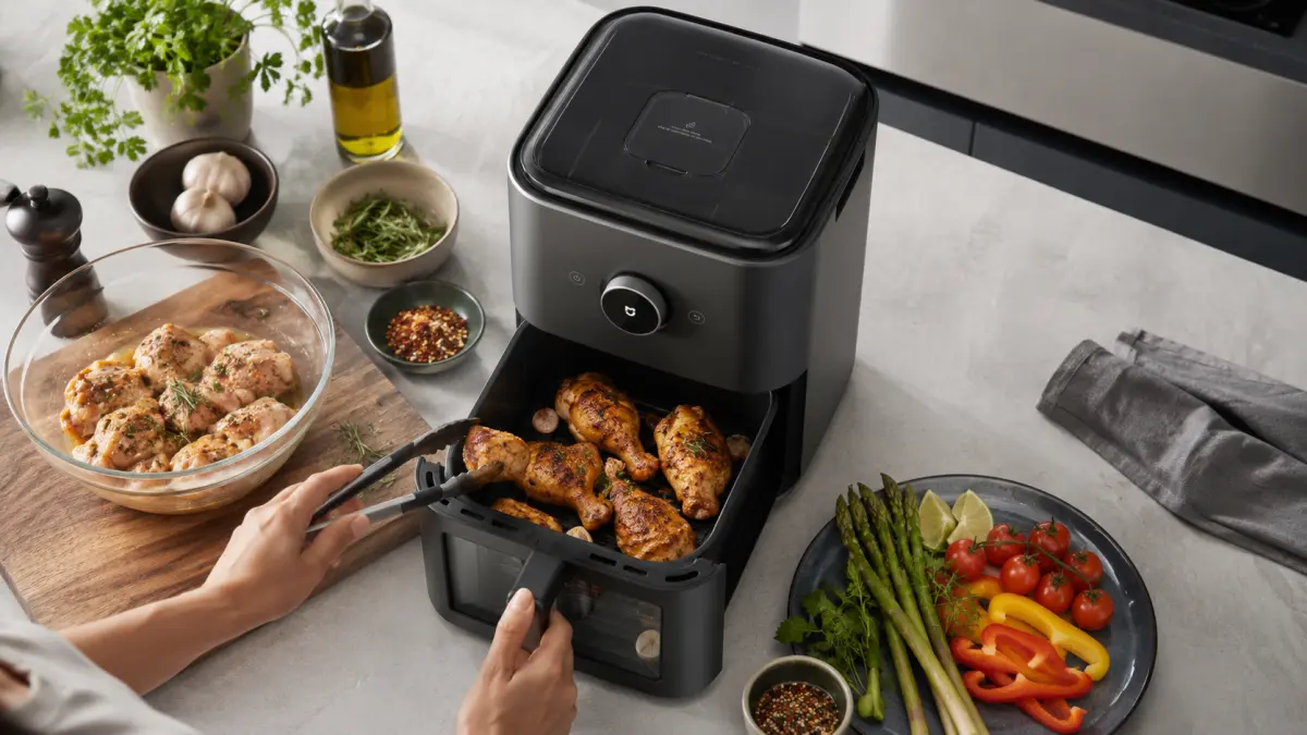 Fritadeira sem óleo Xiaomi com o cesto puxado durante a preparação de frango.