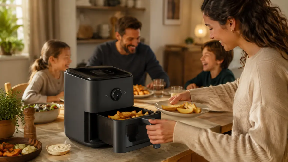 Fritadeira sem óleo Xiaomi durante a apresentação das batatas fritas preparadas à mesa.