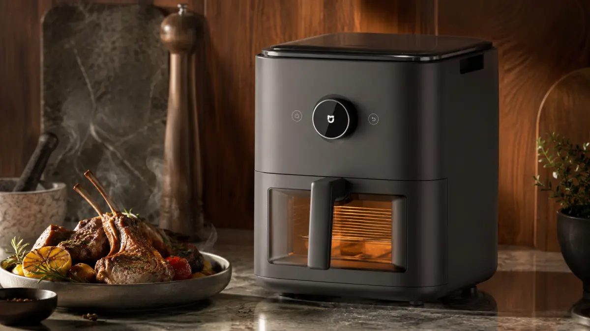 Fritadeira preta Xiaomi Mijia Smart Steam Air Fryer 7L com carne assada na cozinha.