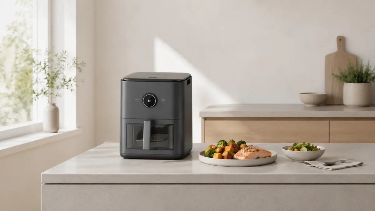 Fritadeira sem óleo Xiaomi sobre uma bancada de cozinha clara com uma refeição preparada.