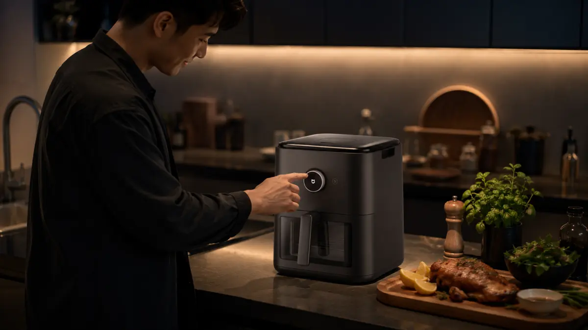 Utilização da fritadeira sem óleo Xiaomi numa cozinha escura.