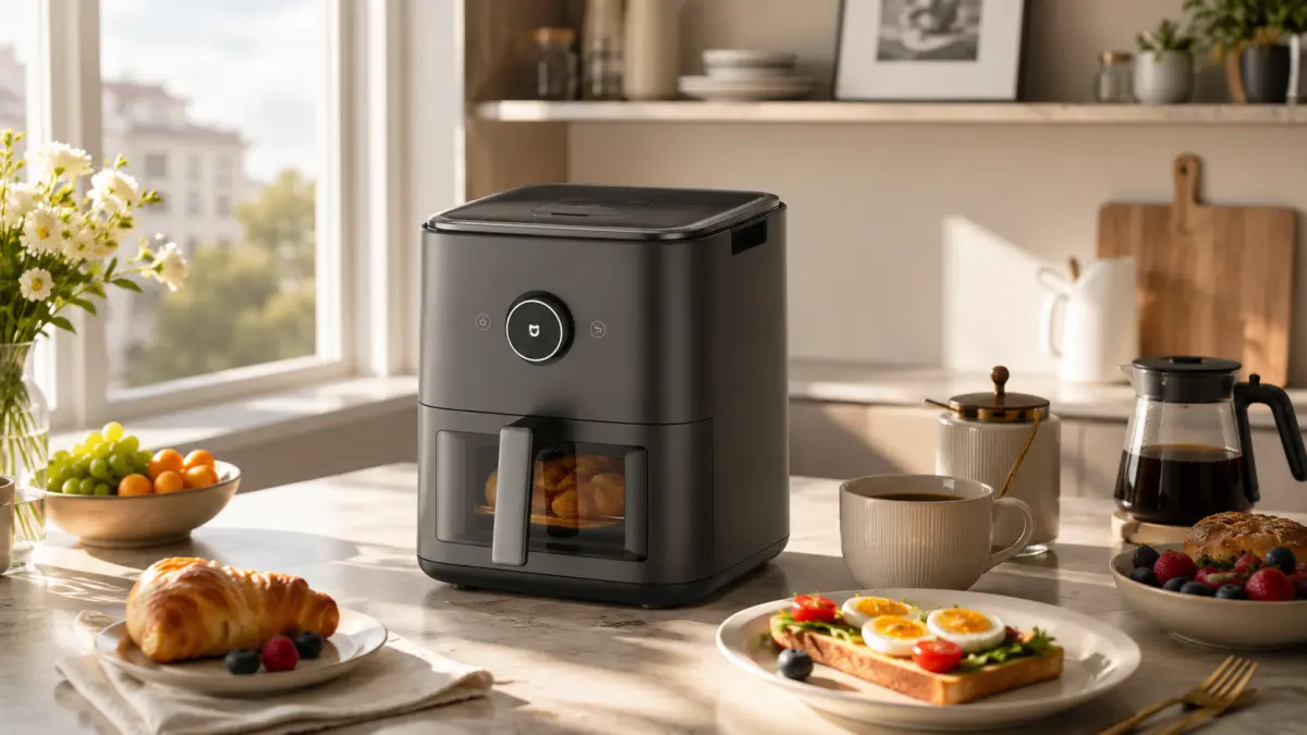 Fritadeira sem óleo Xiaomi Mijia Smart Steam Air Fryer 7L com pequeno-almoço preparado.