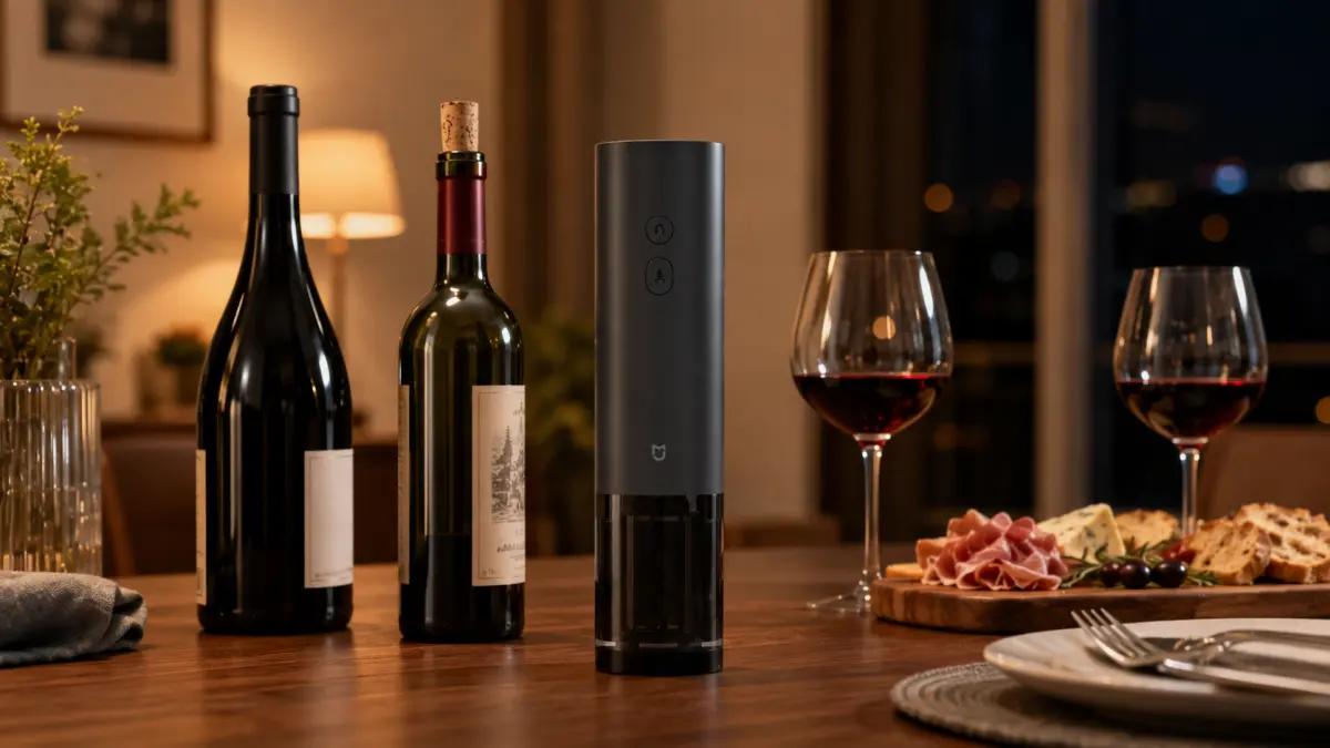 Apribottiglie elettrico Xiaomi Mijia nero per vino su un tavolo con bottiglie e bicchieri