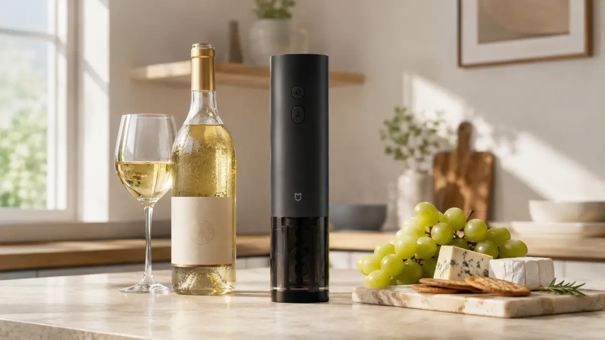 Apribottiglie elettrico Xiaomi Mijia accanto a una bottiglia di vino bianco e snack
