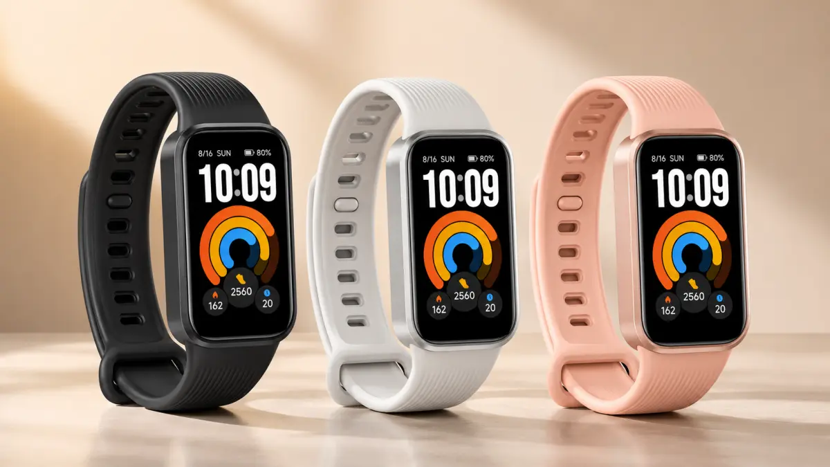 Pulseira desportiva Xiaomi Smart Band 11 Active numa secretária ao lado de um telefone, um livro e uns óculos