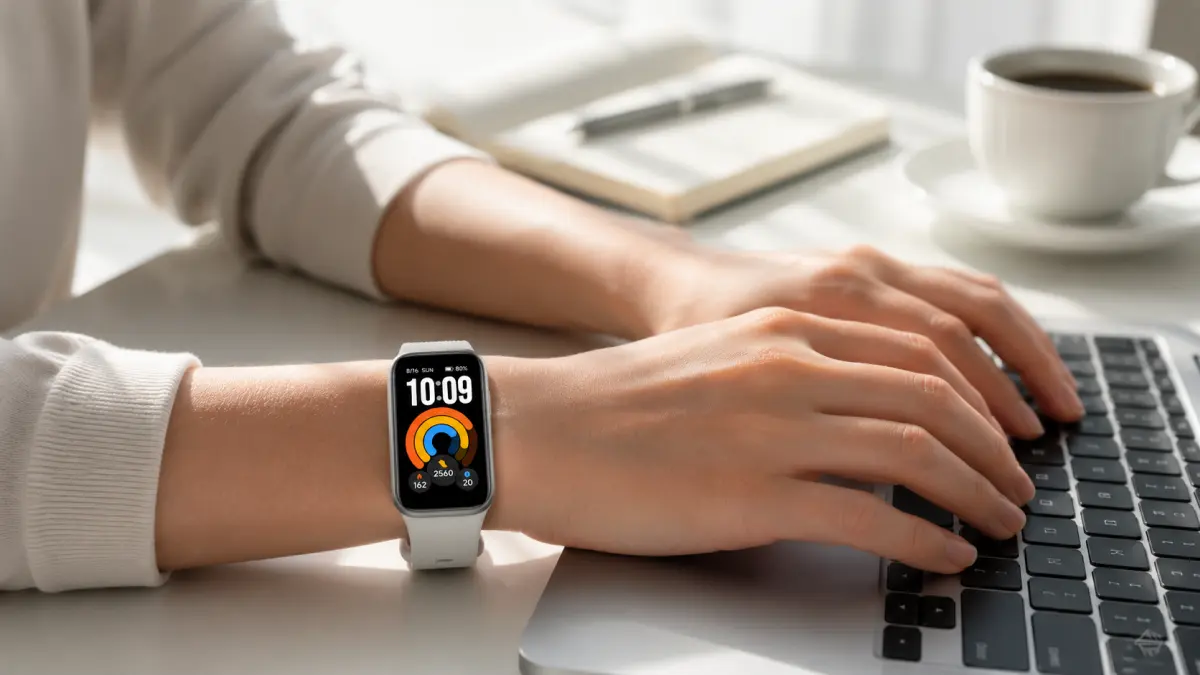 Três pulseiras desportivas Xiaomi Smart Band 11 Active nas cores preta, branca e rosa sobre um fundo claro