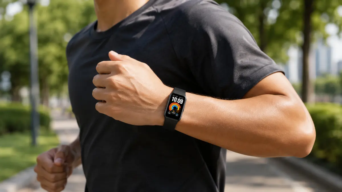 Pulseira desportiva branca Xiaomi Smart Band 11 Active no pulso durante o trabalho com um portátil