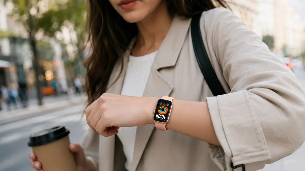 Pulseira desportiva preta Xiaomi Smart Band 11 Active no pulso de uma pessoa a correr no parque