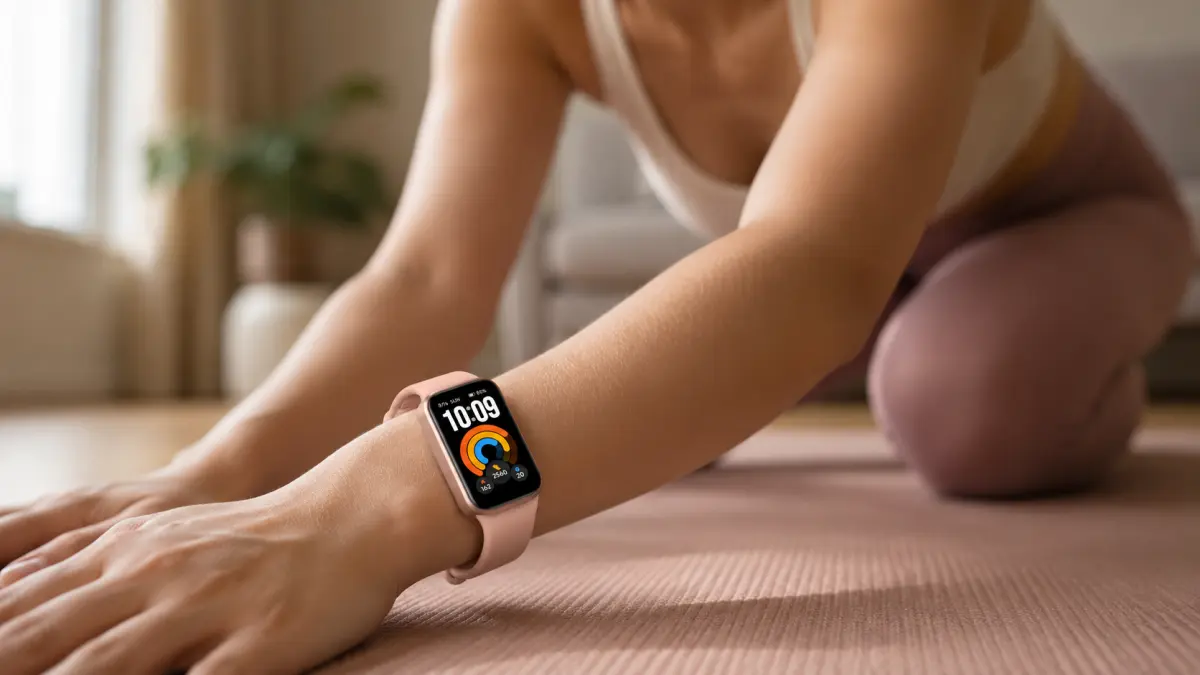 Pulseira desportiva rosa Xiaomi Smart Band 11 Active no pulso durante um passeio na cidade