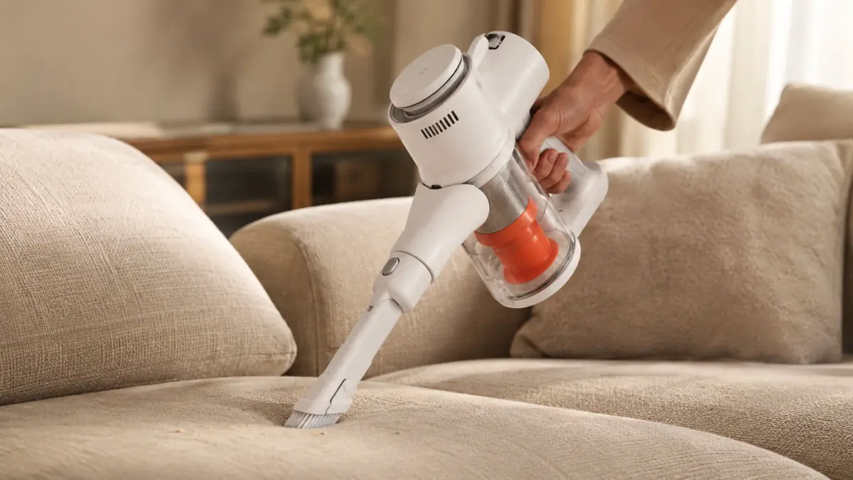Odkurzacz ręczny Xiaomi Mijia Vacuum Cleaner 4 C EU z końc&oacute;wką szczotkową podczas czyszczenia kanapy