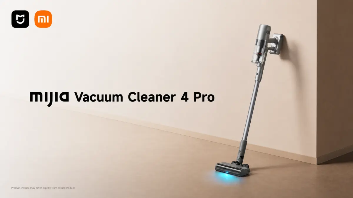 Odkurzacz pionowy Xiaomi Mijia Vacuum Cleaner 4 Pro stojący przy ścianie w nowoczesnym wnętrzu