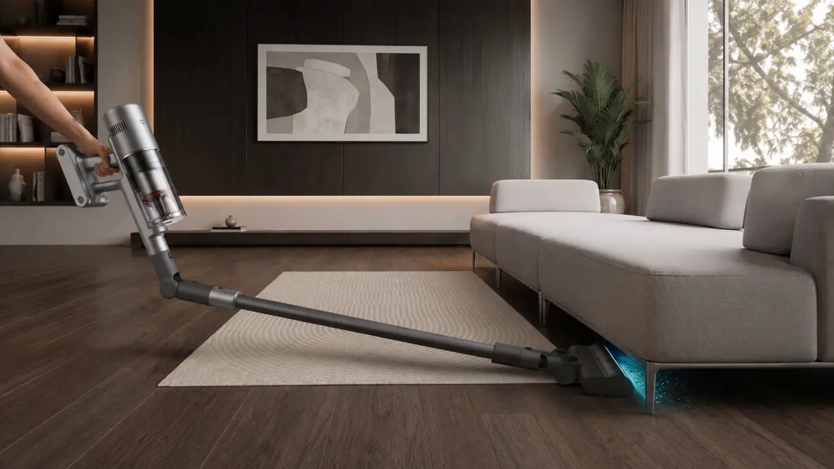 Odkurzacz Xiaomi podczas sprzątania podłogi pod sofą w nowoczesnym salonie