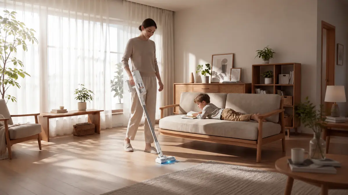 Osoba používá bílý vysavač Xiaomi Mijia Vacuum Cleaner 4 ve světlém obývacím pokoji