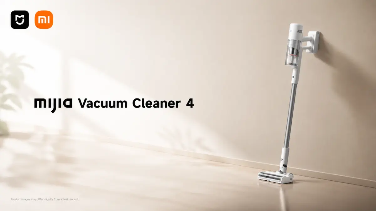 Vysavač Xiaomi Mijia Vacuum Cleaner 4 stojící na světlé podlaze v obývacím pokoji