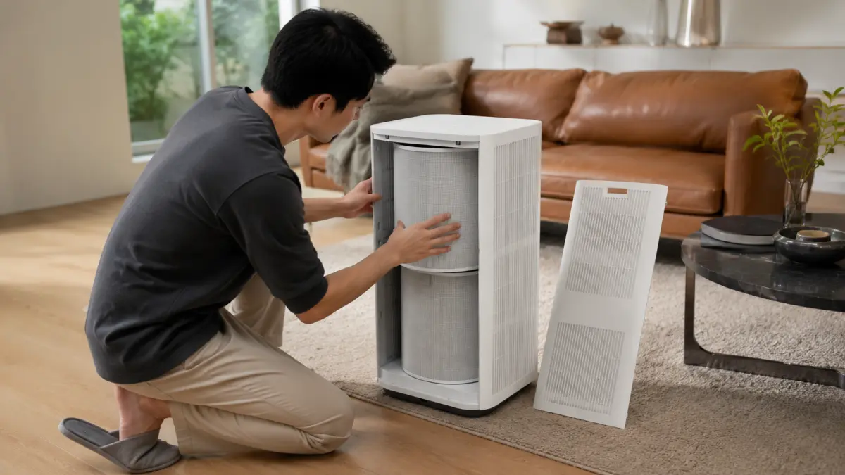 A man replacing the filter in a white Xiaomi Mijia Smart Air Purifier 6 Plus air purifier in the living room.