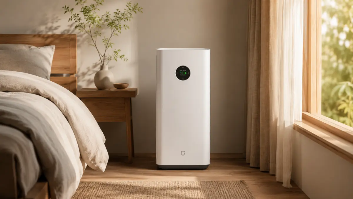 White Xiaomi Mijia Smart Air Purifier 6 Plus air purifier standing in a bright bedroom.