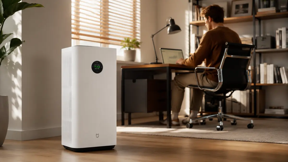 White Xiaomi Mijia Smart Air Purifier 6 Plus air purifier in a home office next to a desk.