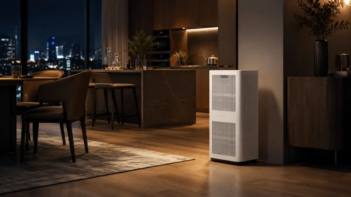 air purifier Xiaomi Mijia Smart Air Purifier 6 Plus in a modern living room in the evening.