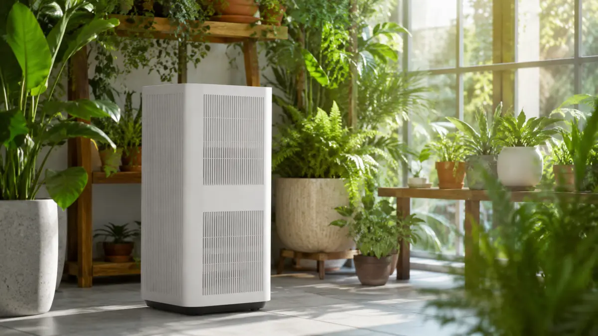 White Xiaomi Mijia Smart Air Purifier 6 Plus air purifier in a bright interior full of plants.