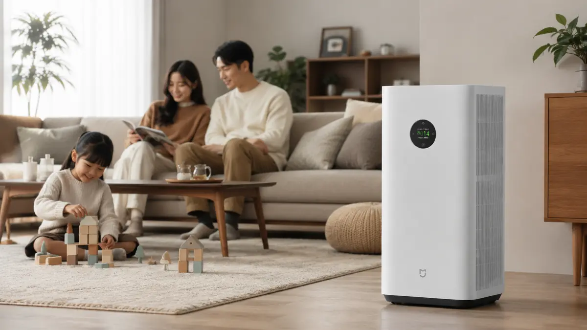 Xiaomi Mijia Smart Air Purifier 6 Plus air purifier during family relaxation in the living room.