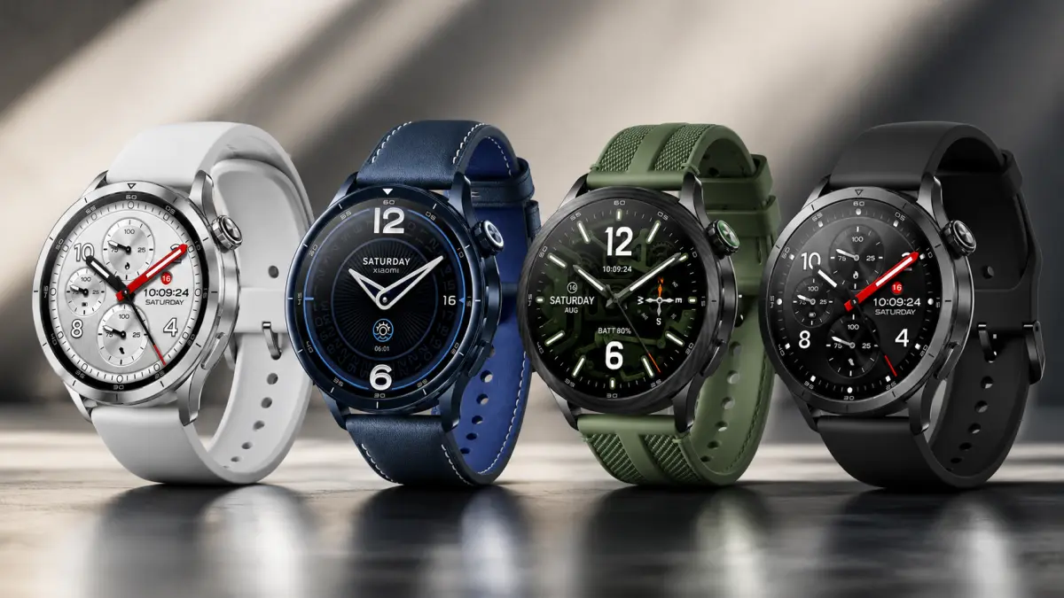 Четыре цветовых варианта часов Xiaomi Watch S5 46 mm на столе