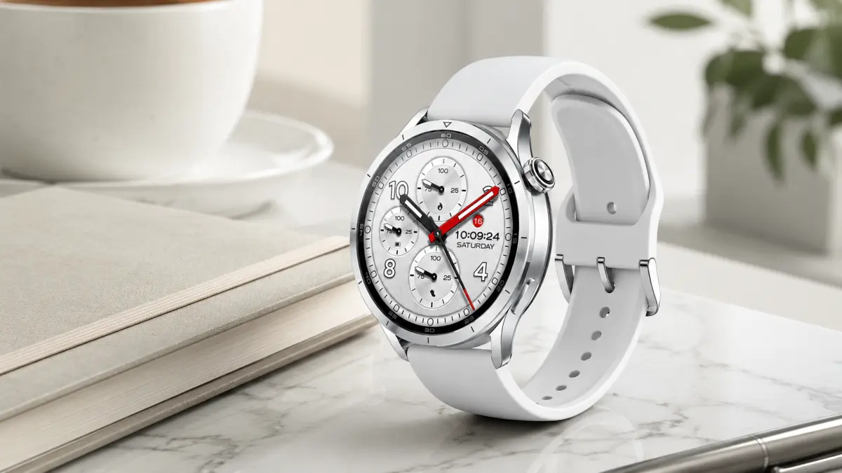Белые часы Xiaomi Watch S5 46 mm, стоящие на мраморной поверхности
