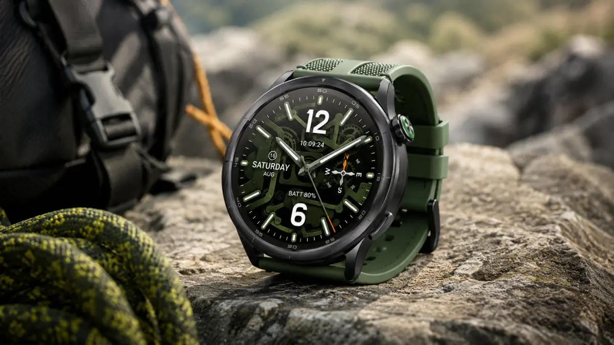 Зеленые Xiaomi Watch S5 46 mm на камне на открытом воздухе