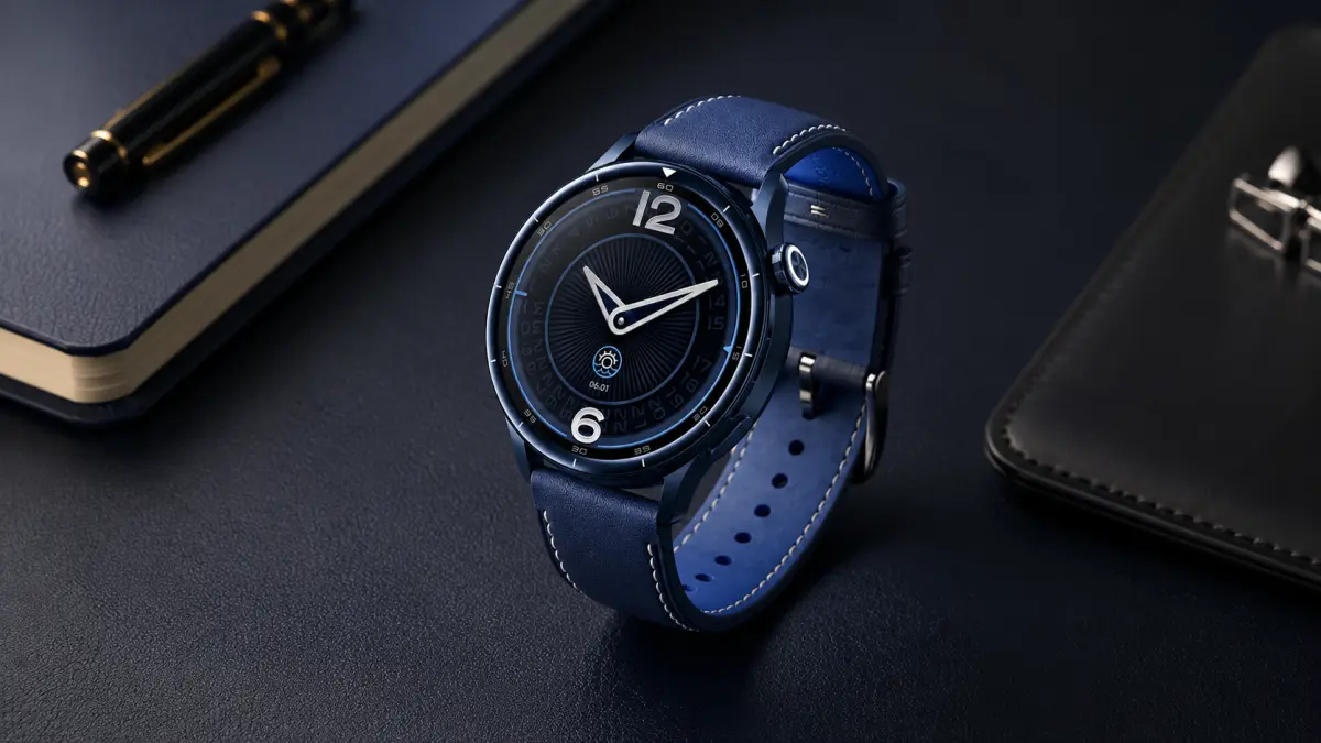 Темно-синие Xiaomi Watch S5 46 mm с кожаным ремешком на столе