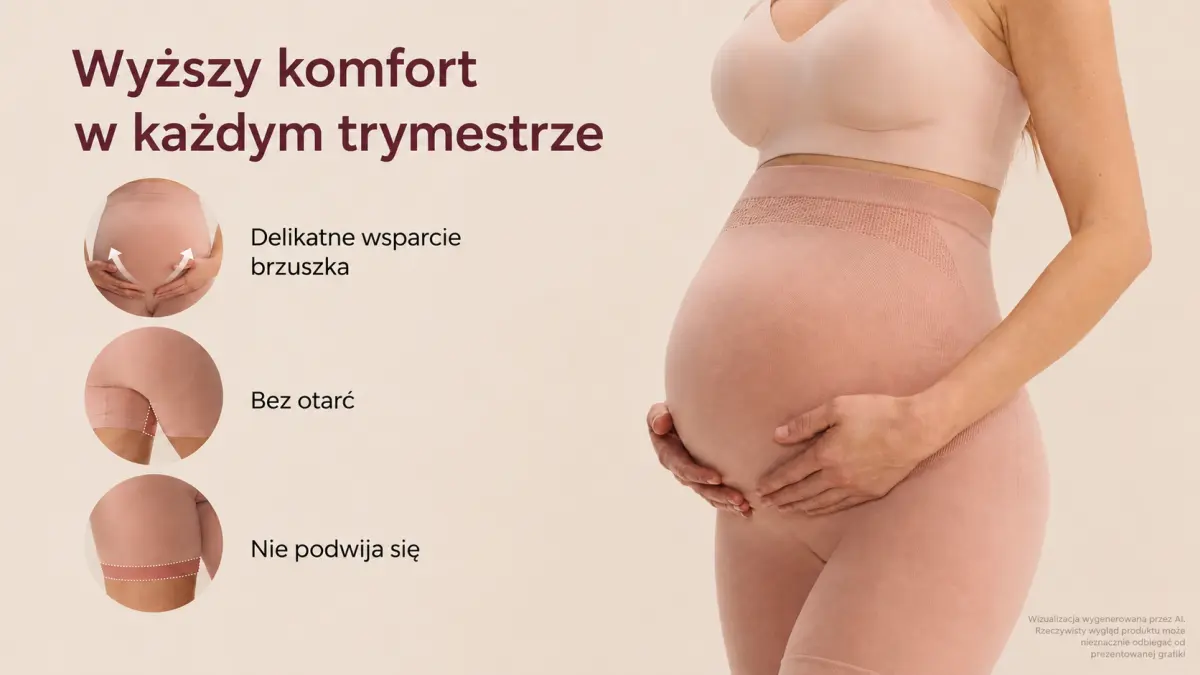 Беременная женщина в розовом белье с высокой талией, поддерживающая живот обеими руками.