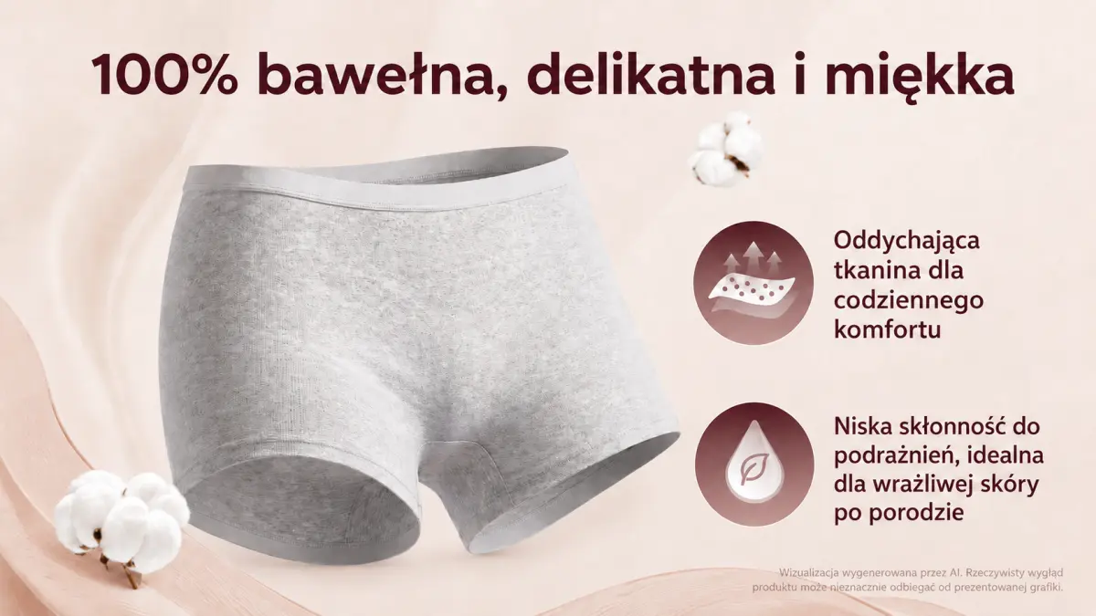 Серые трусы типа boyshort на светло-розовом фоне, рядом цветы хлопка и иконки материала.