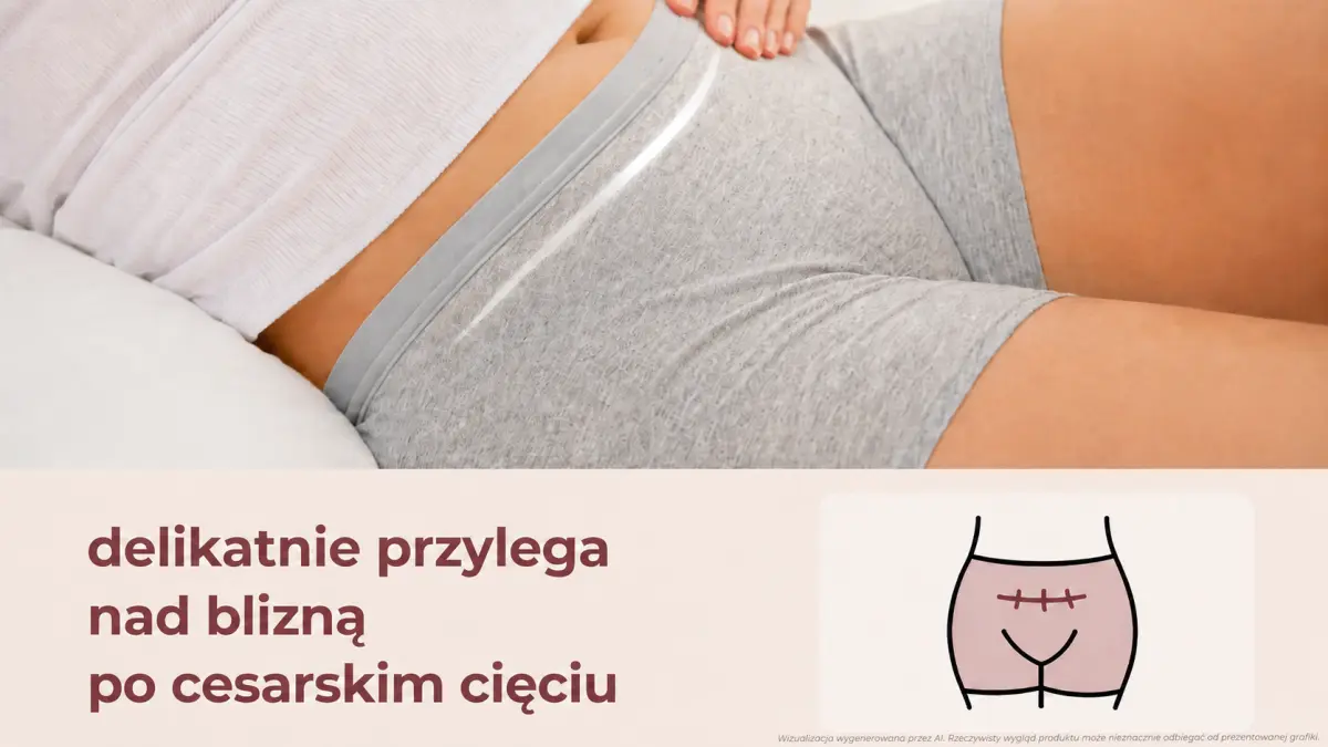 Крупный план женщины, лежащей в серых трусах с поясом над нижней частью живота и символом шрама после кесарева сечения.