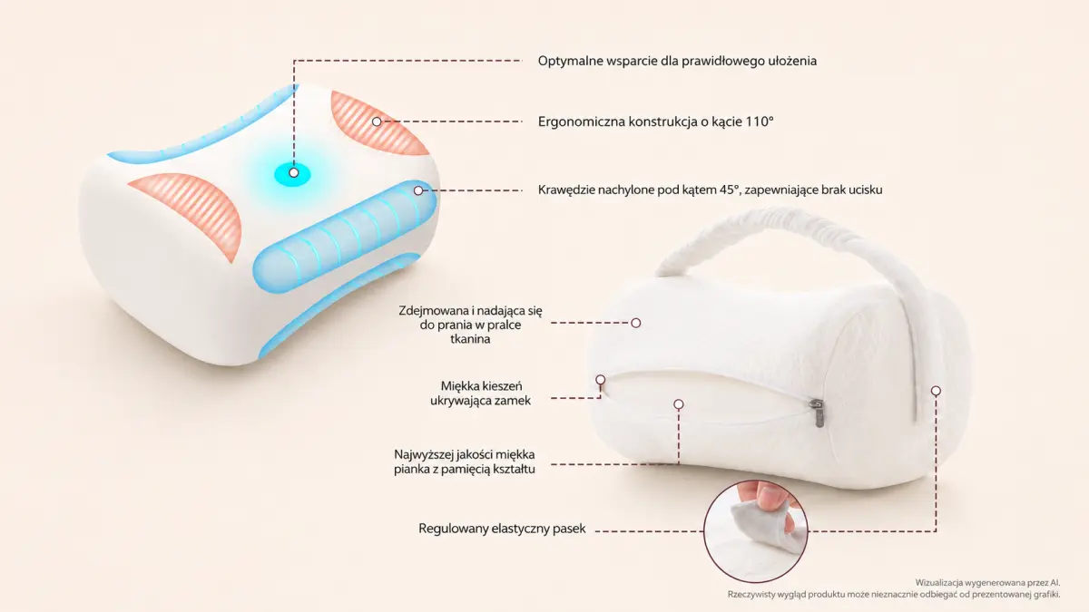 Knee pillow with a cross-section showing the profile, foam and strap, alongside a full view of the product.