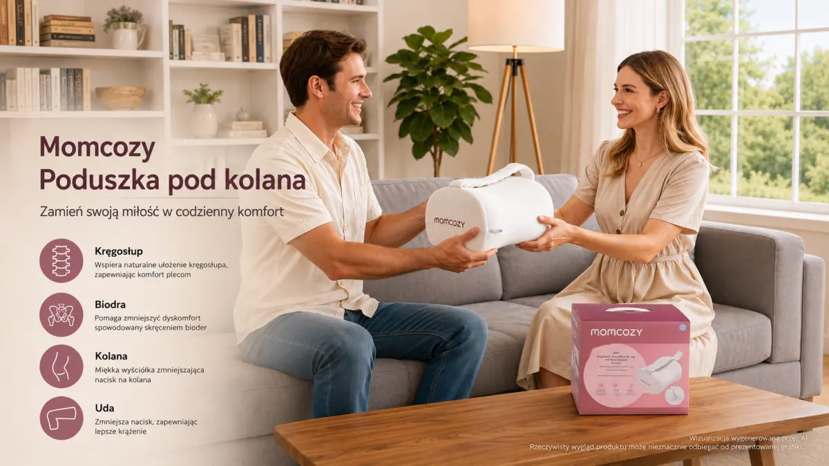 Man hands a knee pillow to a woman while sitting on a sofa, with the product packaging beside them.
