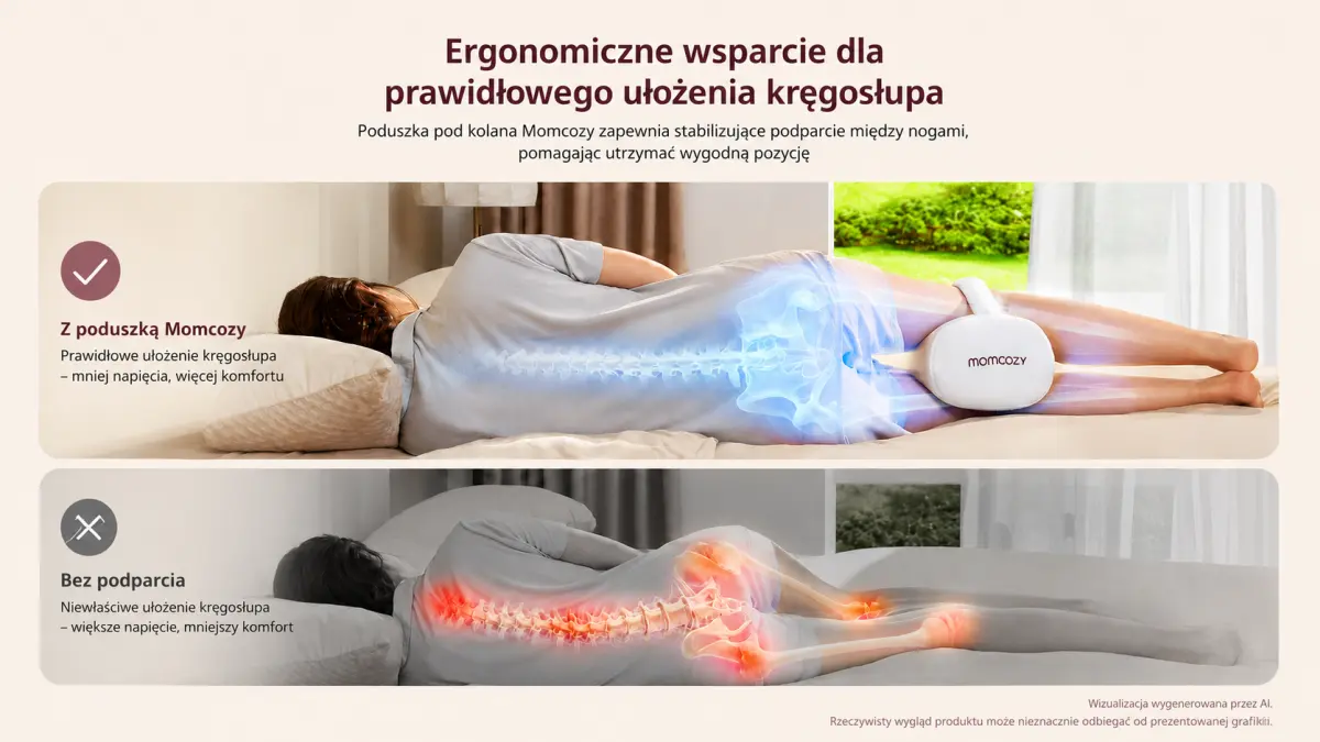 Comparison of side sleeping with and without a pillow between the knees, with a visualisation of spine alignment.
