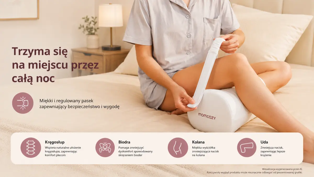 Woman sitting on a bed fastens the elastic strap of the pillow placed between her thighs and knees.