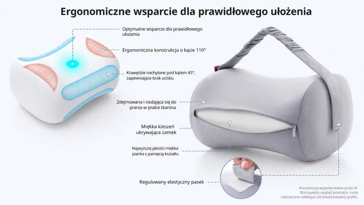 Almofada ergon&ocirc;mica para os joelhos com tira ajust&aacute;vel, capa remov&iacute;vel e formato profilado.