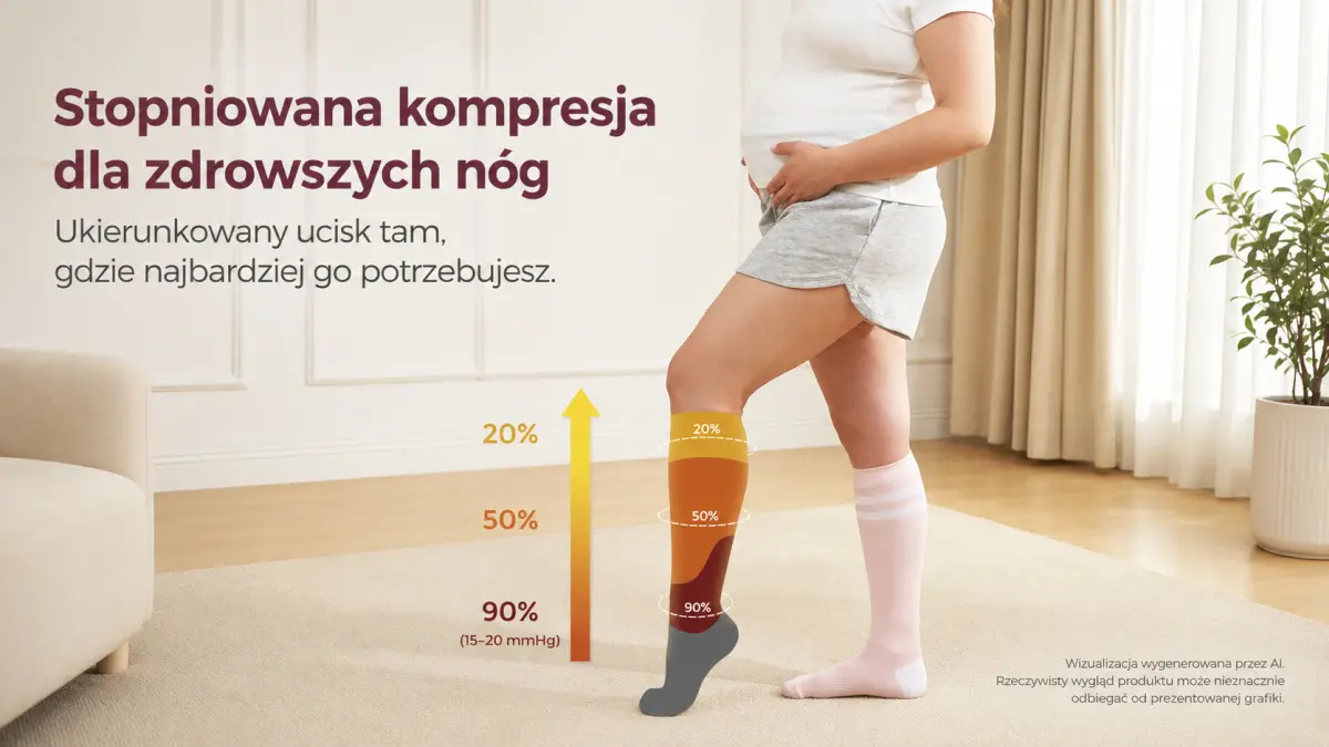 Těhotná žena v růžových kompresních podkolenkách, s grafikou kompresních zón na noze.