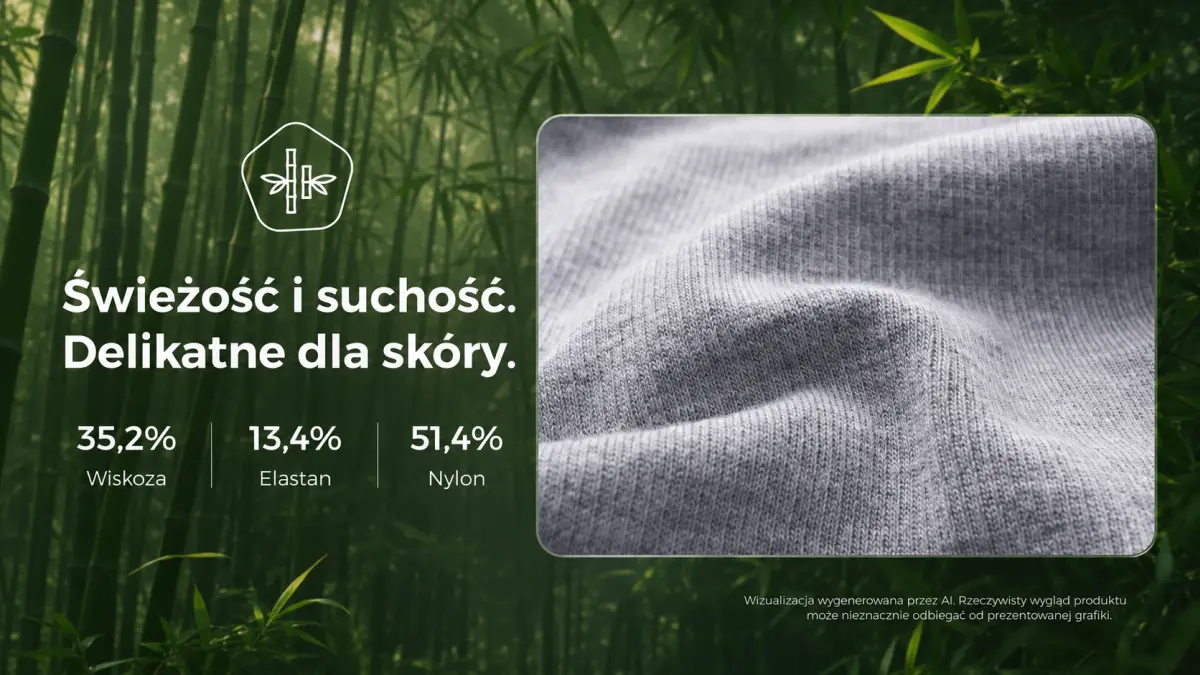 Detail šedého úpletu podkolenek na pozadí zelených stonků a listů bambusu.