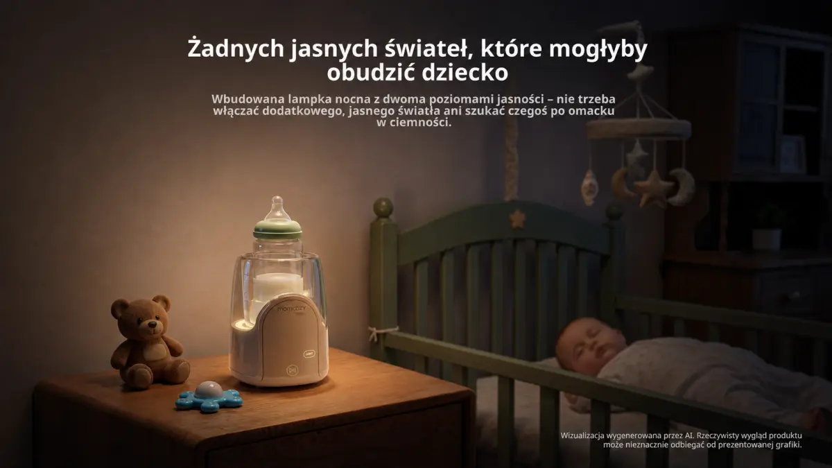 Подогреватель для бутылочек с бутылочкой на столике рядом со спящим ребенком в кроватке и плюшевым мишкой.