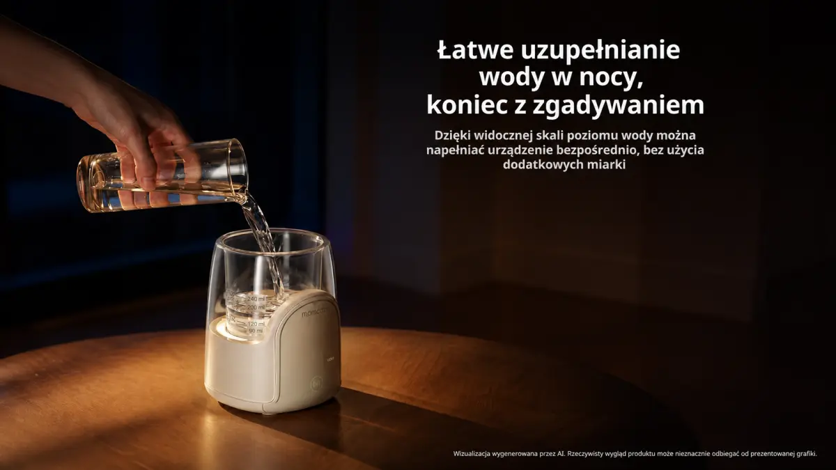 Рука наливает воду в подогреватель для бутылочек, стоящий на столе в затемненном интерьере.