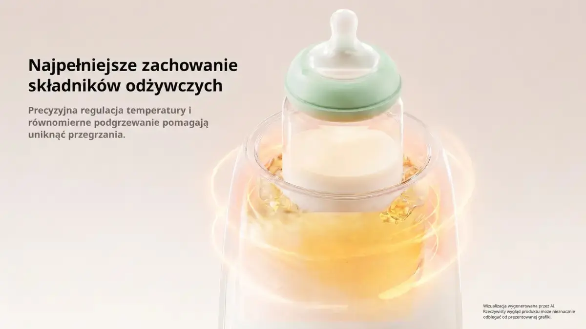 Butelka z mlekiem umieszczona w podgrzewaczu, otoczona podświetloną wodą.
