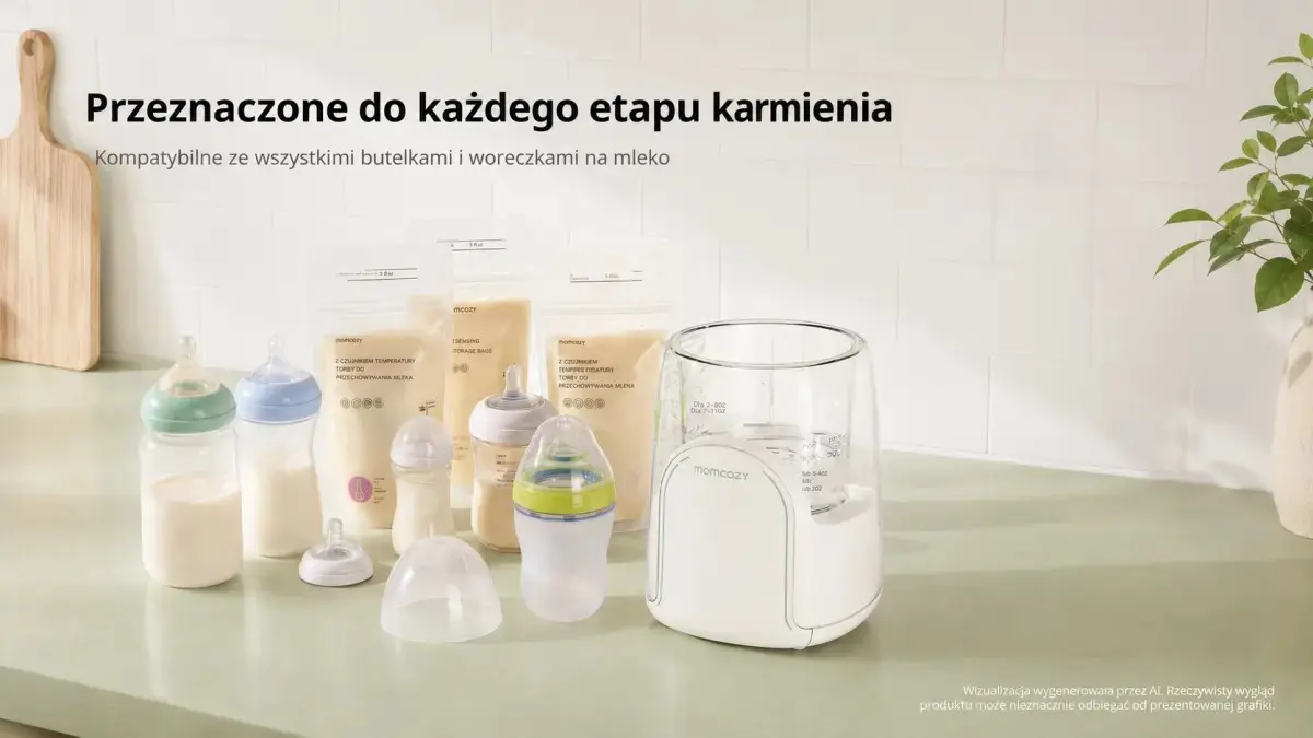 Podgrzewacz do butelek obok różnych butelek, woreczków na mleko i akcesoriów do karmienia.
